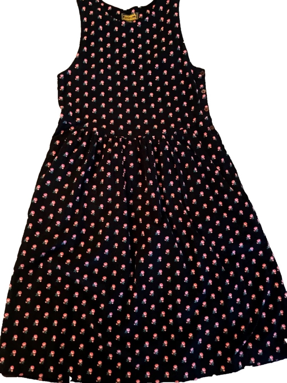 Vintage 1990s Eddie Bauer Black Corduroy Floral Print Cottagecore Jumper Dress L